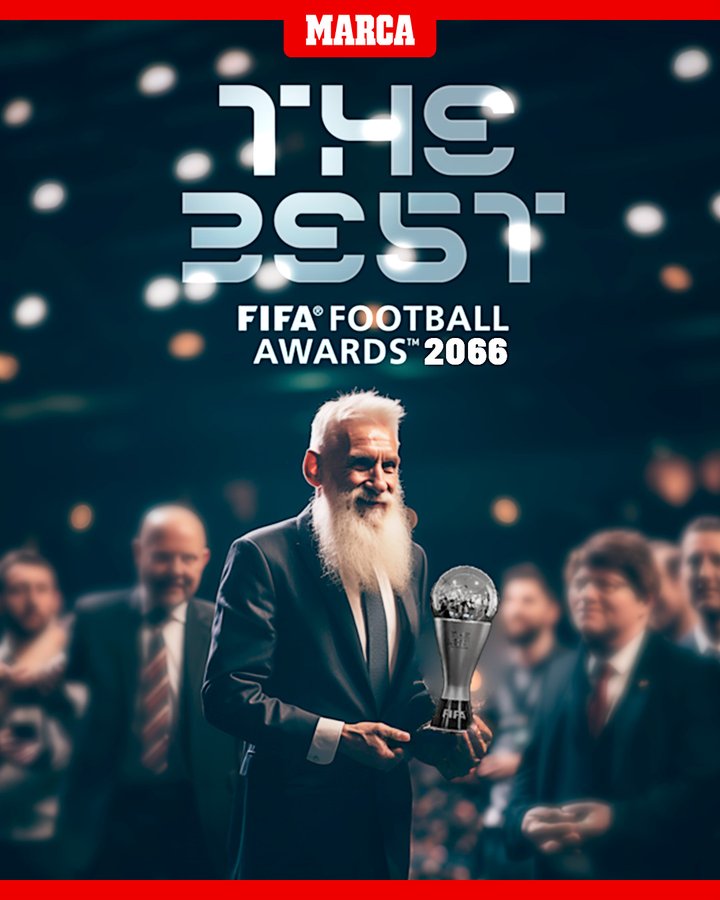 马卡晒海报嘲讽：2066年，白发梅西捧起FIFA最佳球员奖杯